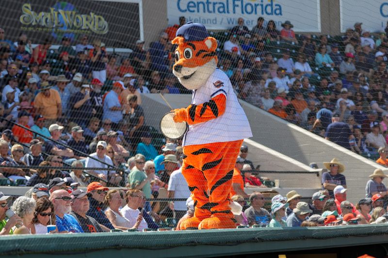 Mar 4, 2024; Lakeland, Florida, USA; Detroit Tigers mascot Southpaw entertains the crowd before the game against the Boston Red Sox at Publix Field at Joker Marchant Stadium. Mandatory Credit: Mike Watters-USA TODAY Sports