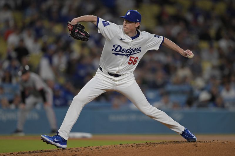 Apr 2, 2024; Los Angeles, California, USA;  Los Angeles Dodgers relief pitcher Ryan Yarbrough (56) delivers in the second inning at Dodger Stadium. Mandatory Credit: Jayne Kamin-Oncea-USA TODAY Sports