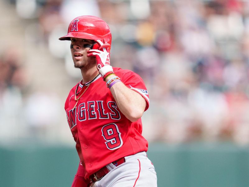 Sep 24, 2023; Minneapolis, Minnesota, USA; Los Angeles Angels shortstop Zach Neto (9) is thrown out trying to steal third base against the Minnesota Twins at Target Field. Mandatory Credit: Matt Blewett-USA TODAY Sports