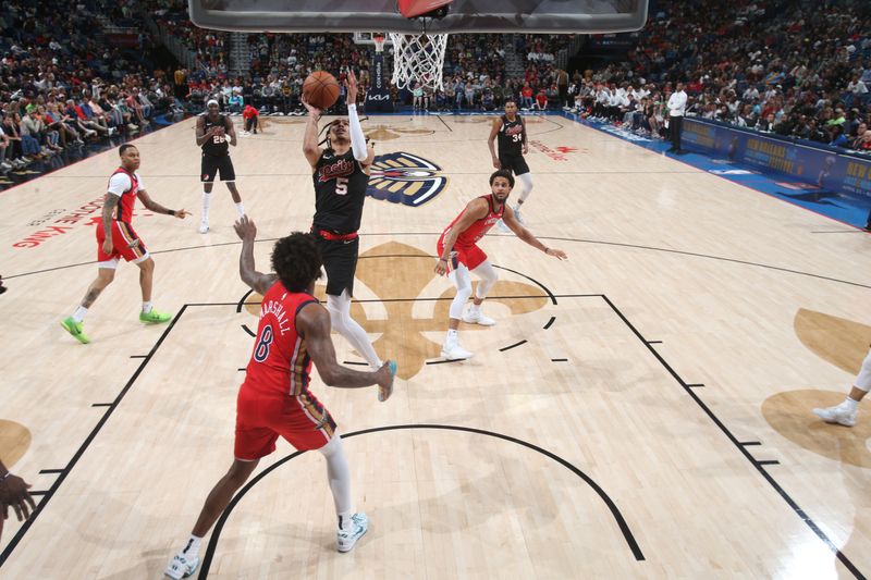 NEW ORLEANS, LA - MARCH 16: Dalano Banton #5 of the Portland Trail Blazers drives to the basket during the game against the New Orleans Pelicans on March 16, 2024 at the Smoothie King Center in New Orleans, Louisiana. NOTE TO USER: User expressly acknowledges and agrees that, by downloading and or using this Photograph, user is consenting to the terms and conditions of the Getty Images License Agreement. Mandatory Copyright Notice: Copyright 2024 NBAE (Photo by Layne Murdoch Jr./NBAE via Getty Images)