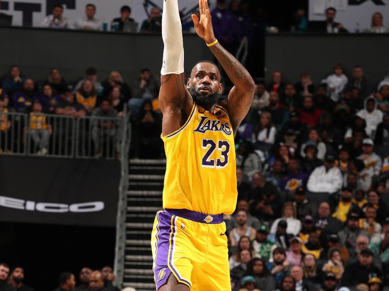 CHARLOTTE, NC - FEBRUARY 5: LeBron James #23 of the Los Angeles Lakers follows through on a shot during the game against the Charlotte Hornets on February 5, 2024 at Spectrum Center in Charlotte, North Carolina. NOTE TO USER: User expressly acknowledges and agrees that, by downloading and or using this photograph, User is consenting to the terms and conditions of the Getty Images License Agreement. Mandatory Copyright Notice: Copyright 2024 NBAE (Photo by Kent Smith/NBAE via Getty Images)