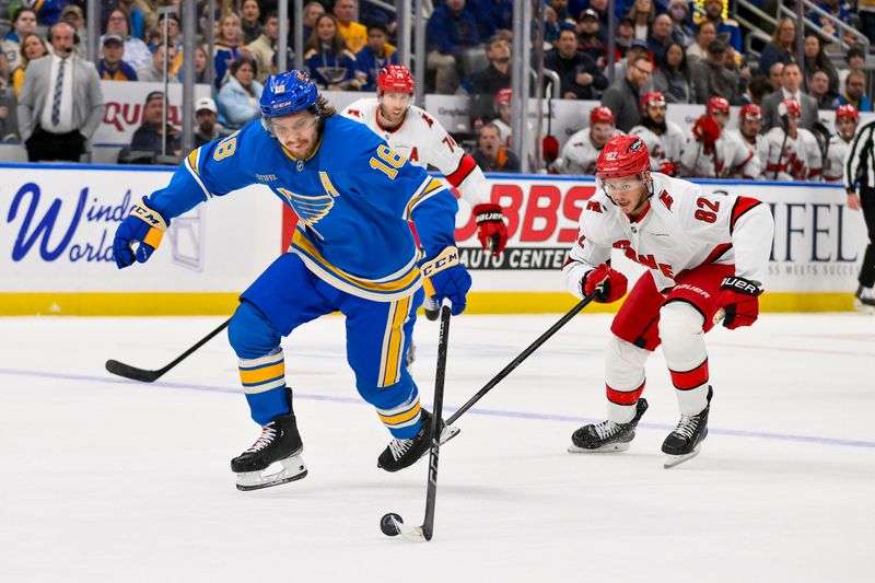 Oct 19, 2024; St. Louis, Missouri, USA;  St. Louis Blues center Robert Thomas (18) controls the puck as Carolina Hurricanes center Jesperi Kotkaniemi (82) defends during the second period at Enterprise Center. Mandatory Credit: Jeff Curry-Imagn Images