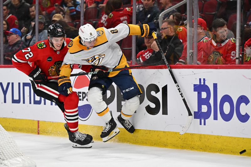 Apr 12, 2024; Chicago, Illinois, USA; Chicago Blackhawks defenseman Alex Vlasic (72) and Nashville Predators forward Cody Glass (8) battle for control of the puck in the third period at United Center. Mandatory Credit: Jamie Sabau-USA TODAY Sports