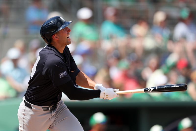 Mar 17, 2024; Fort Myers, Florida, USA;  New York Yankees short stop Kevin Smith (74) hits a three rbi triple against the Boston Red Sox in the fourth inning at JetBlue Park at Fenway South. Mandatory Credit: Nathan Ray Seebeck-USA TODAY Sports