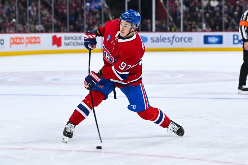 Oct 16, 2025; Montreal, Quebec, CAN; Montreal Canadiens right wing Ivan Demidov (93) shoots the puck against the Nashville Predators during the second period at Bell Centre. Mandatory Credit: David Kirouac-Imagn Images
