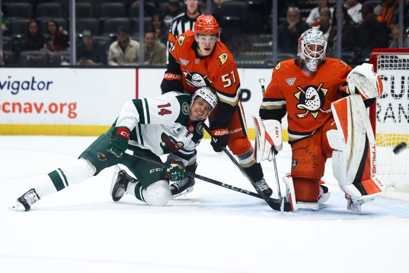 Nov 8, 2024; Anaheim, California, USA; Minnesota Wild center Joel Eriksson Ek (14), Anaheim Ducks defenseman Olen Zellweger (51), and goaltender Lukas Dostal (1) prepare for play during the first period of a hockey game at Honda Center. Mandatory Credit: Jessica Alcheh-Imagn Images