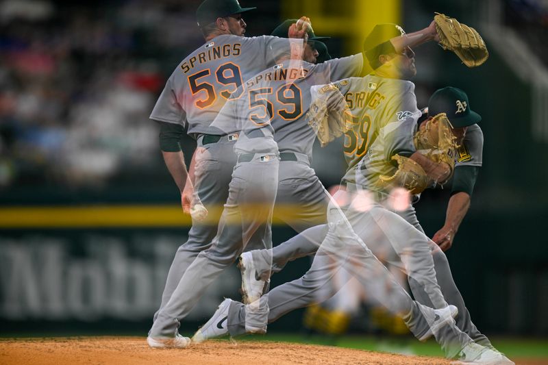 May 1, 2025; Arlington, Texas, USA; (editor’s note: in camera multiple exposure) Athletics starting pitcher Jeffrey Springs (59) pitches against the Texas Rangers during the third inning at Globe Life Field. Mandatory Credit: Jerome Miron-Imagn Images