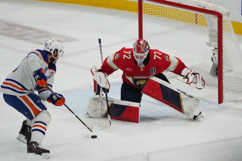 Jun 24, 2024; Sunrise, Florida, USA; Florida Panthers goaltender Sergei Bobrovsky (72) defends against Edmonton Oilers forward Connor McDavid (97) during the third period in game seven of the 2024 Stanley Cup Final at Amerant Bank Arena. Mandatory Credit: Jim Rassol-USA TODAY Sports