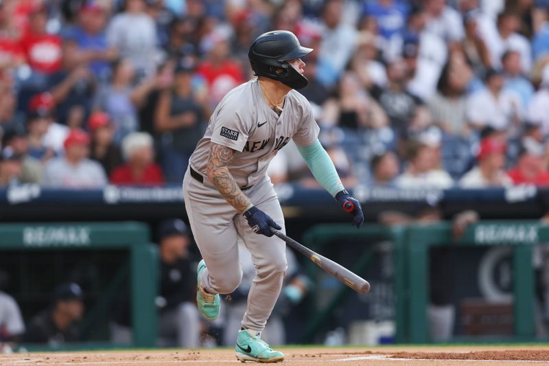 Jul 30, 2024; Philadelphia, Pennsylvania, USA; New York Yankees outfielder Alex Verdugo (24) hits a double during the first inning against the Philadelphia Phillies at Citizens Bank Park. Mandatory Credit: Bill Streicher-USA TODAY Sports