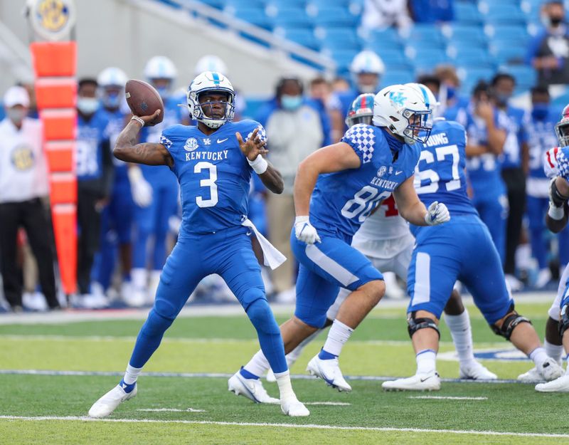 Oct 3, 2020; Lexington, Kentucky, USA; Kentucky Wildcats quarterback Terry Wilson (3) throws a pass in the first half against Mississippi at Kroger Field. Mandatory Credit: Katie Stratman-USA TODAY Sports