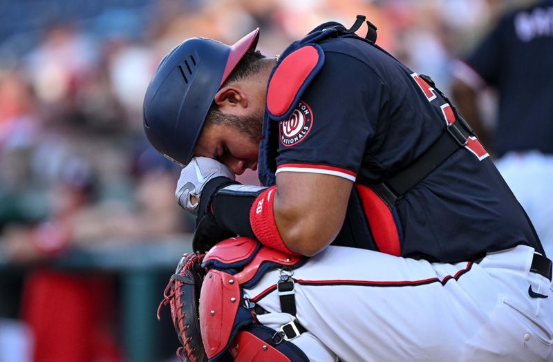 Jul 2, 2024; Washington, District of Columbia, USA; Washington Nationals catcher Keibert Ruiz (20) winces in pain after being hit by a foul tip against the New York Mets during the second inning at Nationals Park. Mandatory Credit: Rafael Suanes-USA TODAY Sports