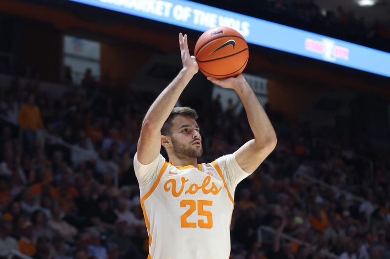 Feb 28, 2023; Knoxville, Tennessee, USA; Tennessee Volunteers guard Santiago Vescovi (25) shoots a three pointer against the Arkansas Razorbacks during the second half at Thompson-Boling Arena. Mandatory Credit: Randy Sartin-USA TODAY Sports