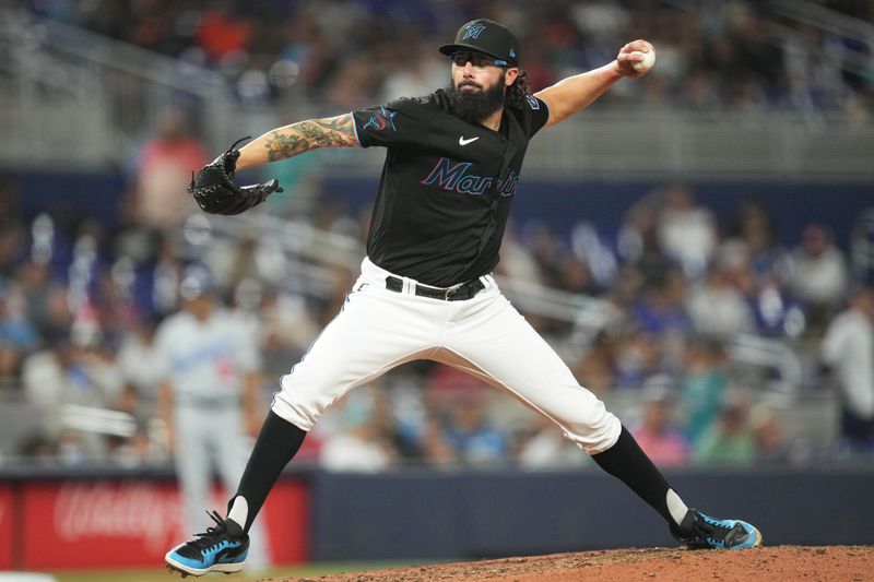 Sep 7, 2023; Miami, Florida, USA; Miami Marlins relief pitcher Devin Smeltzer (38) pitches against the Los Angeles Dodgers in the eighth inning at loanDepot Park. Mandatory Credit: Jim Rassol-USA TODAY Sports