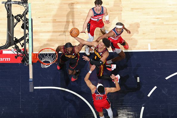 WASHINGTON, DC -? DECEMBER 31: Jalen Johnson #1 of the Atlanta Hawks shoots the ball during the game against the Washington Wizards on December 31, 2023 at Capital One Arena in Washington, DC. NOTE TO USER: User expressly acknowledges and agrees that, by downloading and or using this Photograph, user is consenting to the terms and conditions of the Getty Images License Agreement. Mandatory Copyright Notice: Copyright 2023 NBAE (Photo by Stephen Gosling/NBAE via Getty Images)