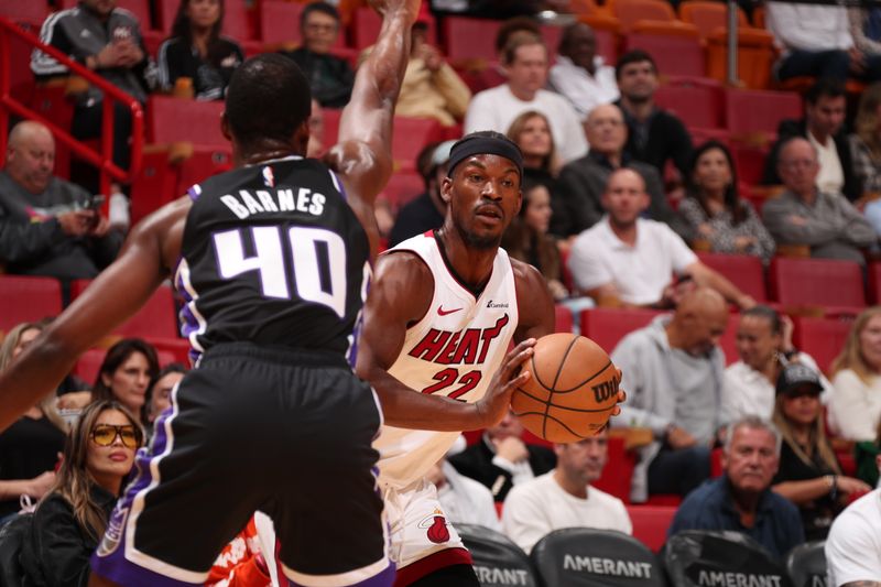 MIAMI, FL - JANUARY 31: Jimmy Butler #22 of the Miami Heat handles the ball during the game  against the Sacramento Kings on January 31, 2024 at Kaseya Center in Miami, Florida. NOTE TO USER: User expressly acknowledges and agrees that, by downloading and or using this Photograph, user is consenting to the terms and conditions of the Getty Images License Agreement. Mandatory Copyright Notice: Copyright 2024 NBAE (Photo by Issac Baldizon/NBAE via Getty Images)