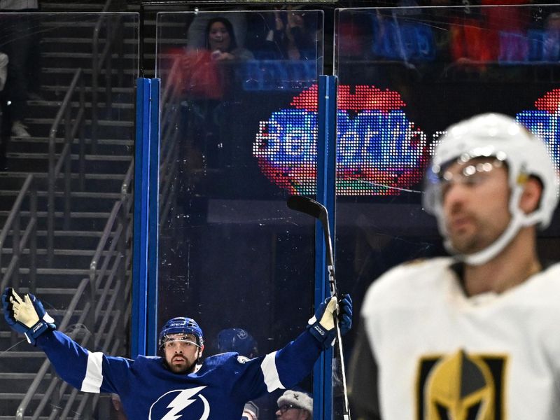 Dec 21, 2023; Tampa, Florida, USA; Tampa Bay Lightning left wing Nicholas Paul (20) celebrates after scoring the game winning goal in the third period again the Las Vegas Golden Knights at Amalie Arena. Mandatory Credit: Jonathan Dyer-USA TODAY Sports