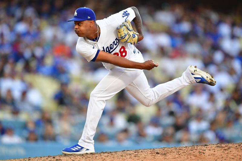 Jun 25, 2023; Los Angeles, California, USA; Los Angeles Dodgers relief pitcher Yency Almonte (38) throws against the Houston Astros during the eleventh inning at Dodger Stadium. Mandatory Credit: Gary A. Vasquez-USA TODAY Sports