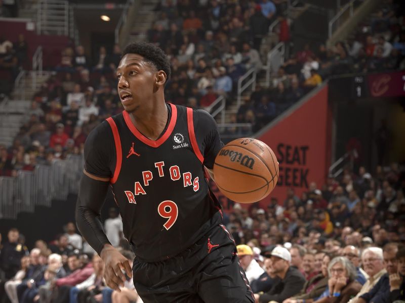 CLEVELAND, OH - NOVEMBER 24: RJ Barrett #9 of the Toronto Raptors drives to the basket during the game against the Cleveland Cavaliers on November 24, 2024 at Rocket Mortgage FieldHouse in Cleveland, Ohio. NOTE TO USER: User expressly acknowledges and agrees that, by downloading and/or using this Photograph, user is consenting to the terms and conditions of the Getty Images License Agreement. Mandatory Copyright Notice: Copyright 2024 NBAE (Photo by David Liam Kyle/NBAE via Getty Images)