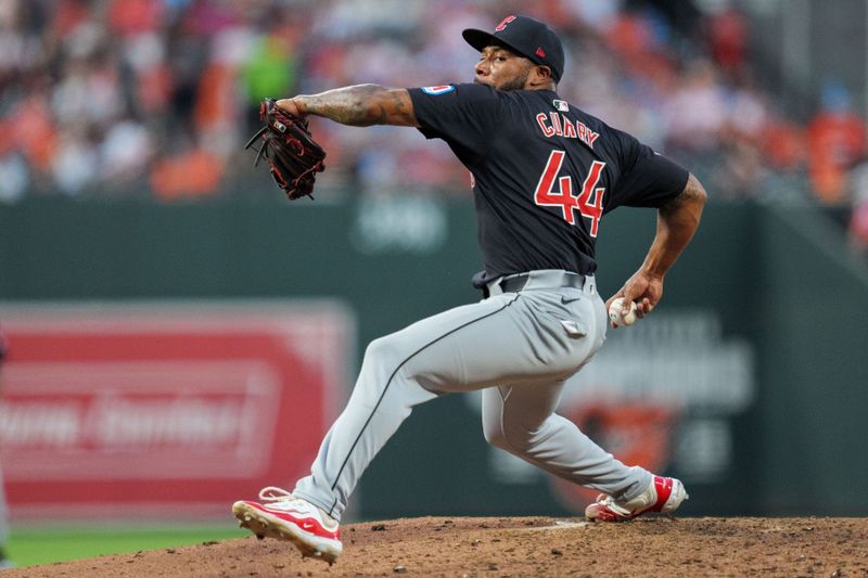 Jun 26, 2024; Baltimore, Maryland, USA; Cleveland Guardians pitcher Xzavion Curry (44) throws a pitch during the seventh inning against the Baltimore Orioles at Oriole Park at Camden Yards. Mandatory Credit: Reggie Hildred-USA TODAY Sports