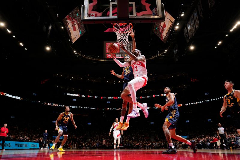 TORONTO, CANADA - APRIL 9: Jalen McDaniels #2 of the Toronto Raptors drives to the basket during the game against the Indiana Pacers on April 9, 2024 at the Scotiabank Arena in Toronto, Ontario, Canada.  NOTE TO USER: User expressly acknowledges and agrees that, by downloading and or using this Photograph, user is consenting to the terms and conditions of the Getty Images License Agreement.  Mandatory Copyright Notice: Copyright 2024 NBAE (Photo by Mark Blinch/NBAE via Getty Images)