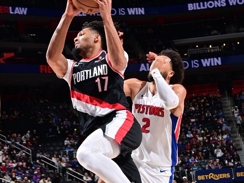 DETROIT, MI - JANUARY 06:  Shaedon Sharpe #17 of the Portland Trail Blazers drives to the basket during the game against the Detroit Pistons on January 06, 2025 at Little Caesars Arena in Detroit, Michigan. NOTE TO USER: User expressly acknowledges and agrees that, by downloading and/or using this photograph, User is consenting to the terms and conditions of the Getty Images License Agreement. Mandatory Copyright Notice: Copyright 2025 NBAE (Photo by Chris Schwegler/NBAE via Getty Images)