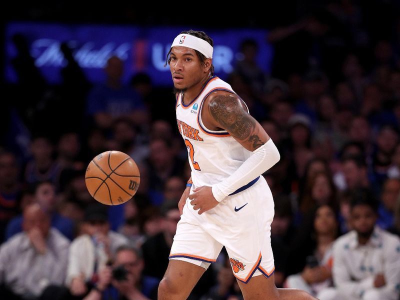 NEW YORK, NEW YORK - APRIL 20: Miles McBride #2 of the New York Knicks takes the ball during the second half against the Philadelphia 76ers in game one of the Eastern Conference First Round Playoffs at Madison Square Garden on April 20, 2024 in New York City. The New York Knicks defeated the Philadelphia 76ers 111-104. NOTE TO USER: User expressly acknowledges and agrees that, by downloading and or using this photograph, User is consenting to the terms and conditions of the Getty Images License Agreement. (Photo by Elsa/Getty Images)