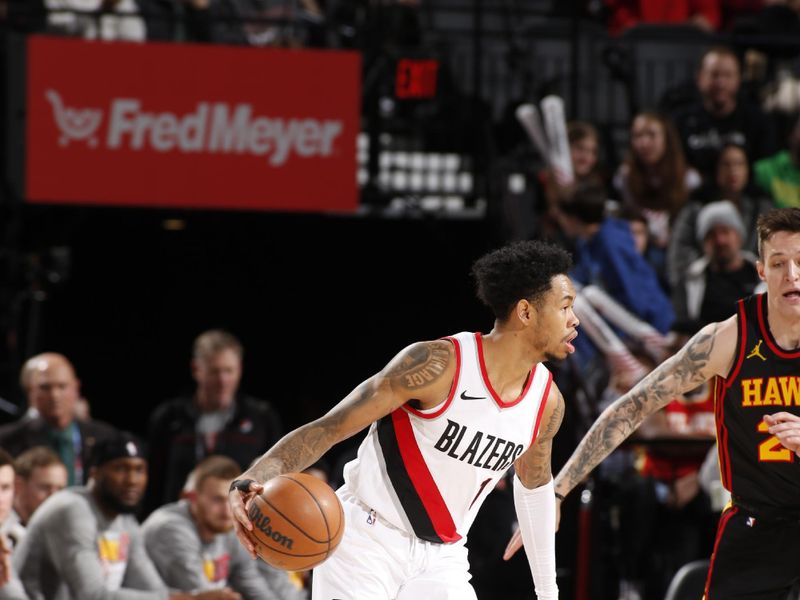 PORTLAND, OR - MARCH 13:  Anfernee Simons #1 of the Portland Trail Blazers handles the ball during the game  on March 13, 2024 at the Moda Center Arena in Portland, Oregon. NOTE TO USER: User expressly acknowledges and agrees that, by downloading and or using this photograph, user is consenting to the terms and conditions of the Getty Images License Agreement. Mandatory Copyright Notice: Copyright 2024 NBAE (Photo by Cameron Browne/NBAE via Getty Images)