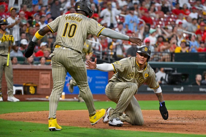 Aug 26, 2024; St. Louis, Missouri, USA;  San Diego Padres third baseman Manny Machado (13) and left fielder Jurickson Profar (10) celebrate after scoring against the St. Louis Cardinals during the third inning at Busch Stadium. Mandatory Credit: Jeff Curry-USA TODAY Sports