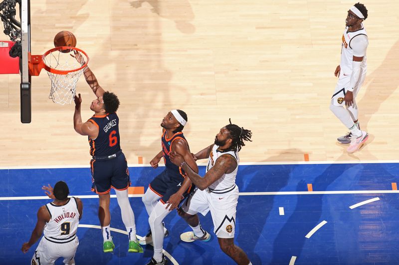 NEW YORK, NY - JANUARY 25: Quentin Grimes #6 of the New York Knicks drives to the basket during the game against the Denver Nuggets on January 25, 2024 at Madison Square Garden in New York City, New York.  NOTE TO USER: User expressly acknowledges and agrees that, by downloading and or using this photograph, User is consenting to the terms and conditions of the Getty Images License Agreement. Mandatory Copyright Notice: Copyright 2024 NBAE  (Photo by Nathaniel S. Butler/NBAE via Getty Images)