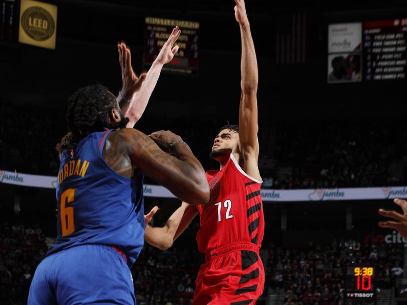 PORTLAND, OR - MARCH 23: Rayan Rupert #72 of the Portland Trail Blazers shoots the ball during the game against the Denver Nuggets on March 23, 2024 at the Moda Center Arena in Portland, Oregon. NOTE TO USER: User expressly acknowledges and agrees that, by downloading and or using this photograph, user is consenting to the terms and conditions of the Getty Images License Agreement. Mandatory Copyright Notice: Copyright 2024 NBAE (Photo by Cameron Browne/NBAE via Getty Images)