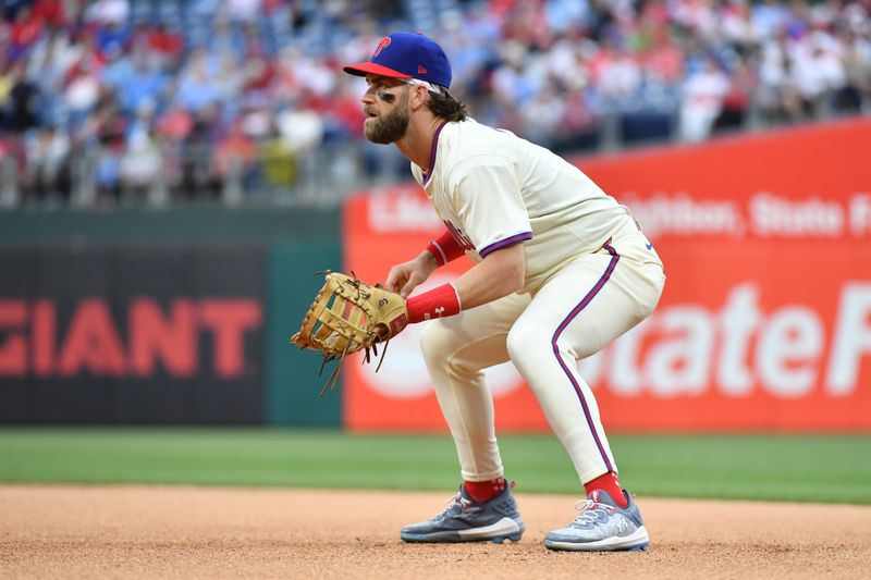 May 6, 2024; Philadelphia, Pennsylvania, USA; Philadelphia Phillies first base Bryce Harper (3) during the eighth inning against the San Francisco Giants at Citizens Bank Park. Mandatory Credit: Eric Hartline-USA TODAY Sports