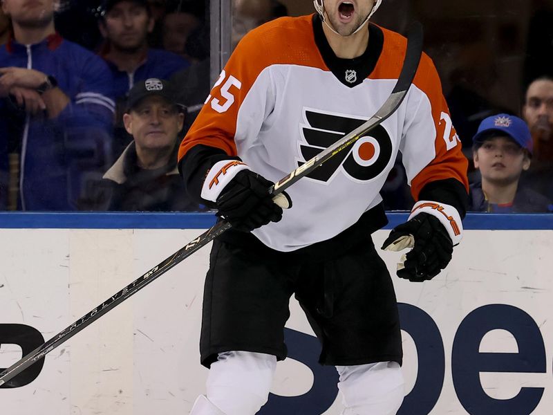 Mar 26, 2024; New York, New York, USA; Philadelphia Flyers center Ryan Poehling (25) celebrates his goal against the New York Rangers during the second period at Madison Square Garden. Mandatory Credit: Brad Penner-USA TODAY Sports