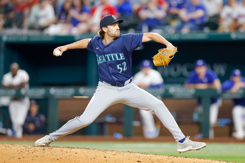 Sep 21, 2024; Arlington, Texas, USA; Seattle Mariners pitcher Collin Snider (52) comes on to pitch during the sixth inning against the Texas Rangers at Globe Life Field. Mandatory Credit: Andrew Dieb-Imagn Images