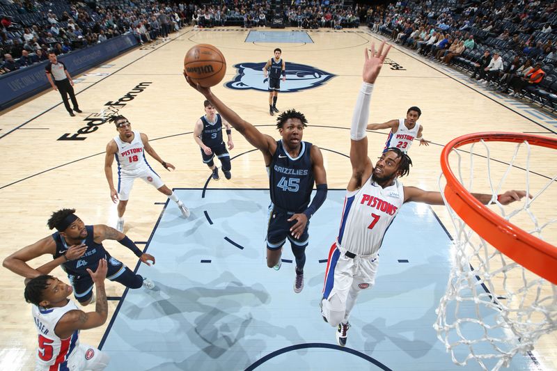 MEMPHIS, TN - APRIL 5: GG Jackson #45 of the Memphis Grizzlies drives to the basket during the game against the Detroit Pistons on April 5, 2024 at FedExForum in Memphis, Tennessee. NOTE TO USER: User expressly acknowledges and agrees that, by downloading and or using this photograph, User is consenting to the terms and conditions of the Getty Images License Agreement. Mandatory Copyright Notice: Copyright 2024 NBAE (Photo by Joe Murphy/NBAE via Getty Images)