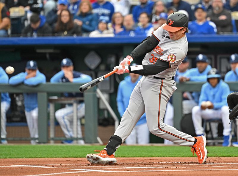 Apr 19, 2024; Kansas City, Missouri, USA; Baltimore Orioles catcher Adley Rutschman (35) singles in the first inning the Kansas City Royals at Kauffman Stadium. Mandatory Credit: Peter Aiken-USA TODAY Sports