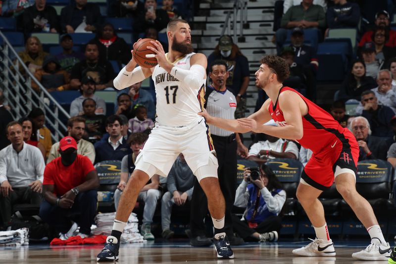 NEW ORLEANS, LA - FEBRUARY 22: Jonas Valanciunas #17 of the New Orleans Pelicans handles the ball during the game against the Houston Rockets on February 22, 2024 at the Smoothie King Center in New Orleans, Louisiana. NOTE TO USER: User expressly acknowledges and agrees that, by downloading and or using this Photograph, user is consenting to the terms and conditions of the Getty Images License Agreement. Mandatory Copyright Notice: Copyright 2024 NBAE (Photo by Layne Murdoch Jr./NBAE via Getty Images)