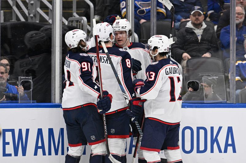 Jan 30, 2024; St. Louis, Missouri, USA; Columbus Blue Jackets left wing Dmitri Voronkov (10) is congratulated by teammates after scoring a goal against the St. Louis Blues during the third period at Enterprise Center. Mandatory Credit: Jeff Le-USA TODAY Sports