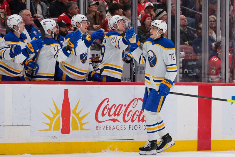 Feb 2, 2026; Sunrise, Florida, USA; Buffalo Sabres center Tage Thompson (72) celebrates after scoring against the Florida Panthers during the first period at Amerant Bank Arena. Mandatory Credit: Sam Navarro-Imagn Images