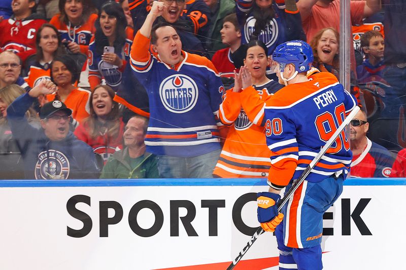 Mar 6, 2025; Edmonton, Alberta, CAN; Edmonton Oilers forward Corey Perry (90) celebrates after scoring a goal during the first period against the Montreal Canadiens at Rogers Place. Mandatory Credit: Perry Nelson-Imagn Images