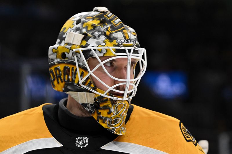 Oct 1, 2024; Boston, Massachusetts, USA; Boston Bruins goaltender Brandon Bussi (30) skates before the start of  the second period of a game against the Philadelphia Flyers at the TD Garden. Mandatory Credit: Brian Fluharty-Imagn Images