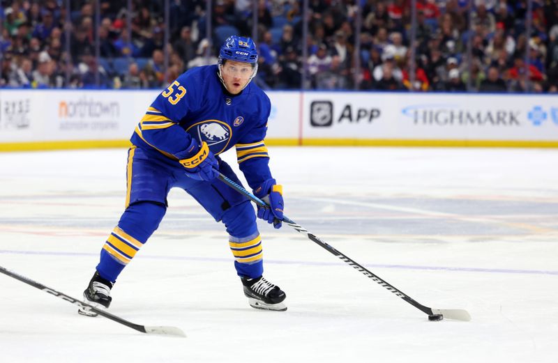 Apr 11, 2024; Buffalo, New York, USA;  Buffalo Sabres left wing Jeff Skinner (53) looks to make a pass during the second period against the Washington Capitals at KeyBank Center. Mandatory Credit: Timothy T. Ludwig-USA TODAY Sports