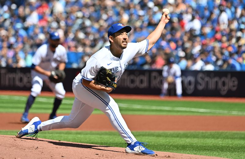 Aug 27, 2023; Toronto, Ontario, CAN; Toronto Blue Jays starting pitcher Yusei Kikuchi (16) delivers a pitch against the Cleveland Guardians in the first inning at Rogers Centre. Mandatory Credit: Dan Hamilton-USA TODAY Sports