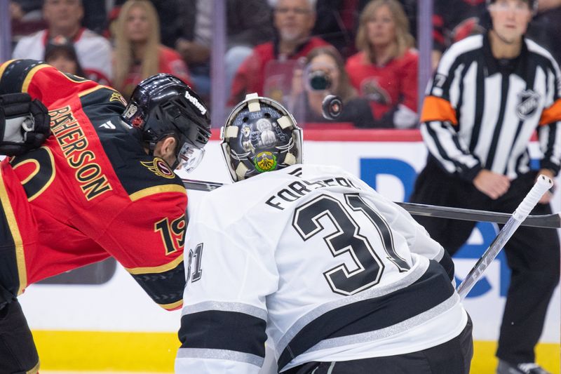 Nov 15, 2025; Ottawa, Ontario, CAN; Ottawa Senators right wing Drake Batherson (19) and Los Angeles Kings goalie Anton Forsberg (31) follow the puck in the first period at the Canadian Tire Centre. Mandatory Credit: Marc DesRosiers-IMAGN Images