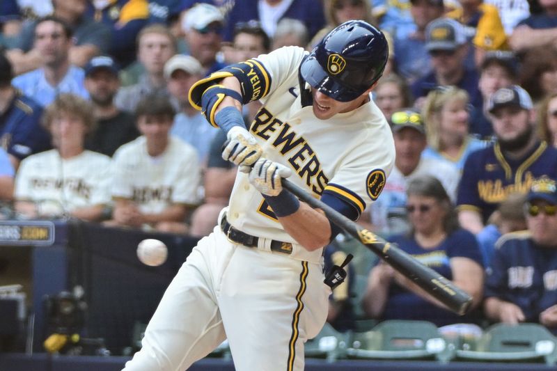 Jun 8, 2023; Milwaukee, Wisconsin, USA; Milwaukee Brewers left fielder Christian Yelich (22) hits a double against the Baltimore Orioles in the fifth inning at American Family Field. Mandatory Credit: Benny Sieu-USA TODAY Sports