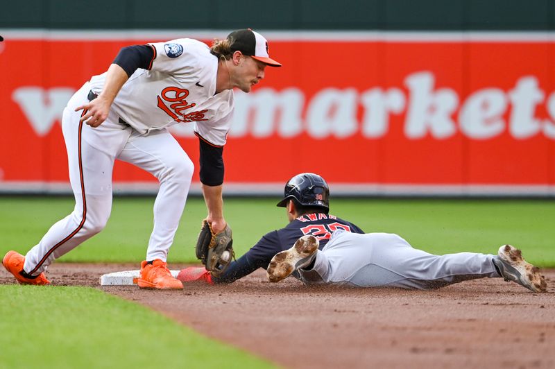 Jun 25, 2024; Baltimore, Maryland, USA; Cleveland Guardians outfielder Steven Kwan (38) slides under h2] tag to steal second base in the second inning  at Oriole Park at Camden Yards. Mandatory Credit: Tommy Gilligan-USA TODAY Sports