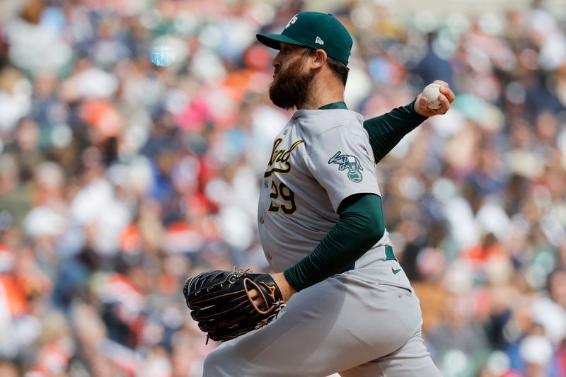 Apr 6, 2024; Detroit, Michigan, USA;  Oakland Athletics relief pitcher Austin Adams (29) throws against the Detroit Tigers in the seventh inning at Comerica Park. Mandatory Credit: Rick Osentoski-USA TODAY Sports