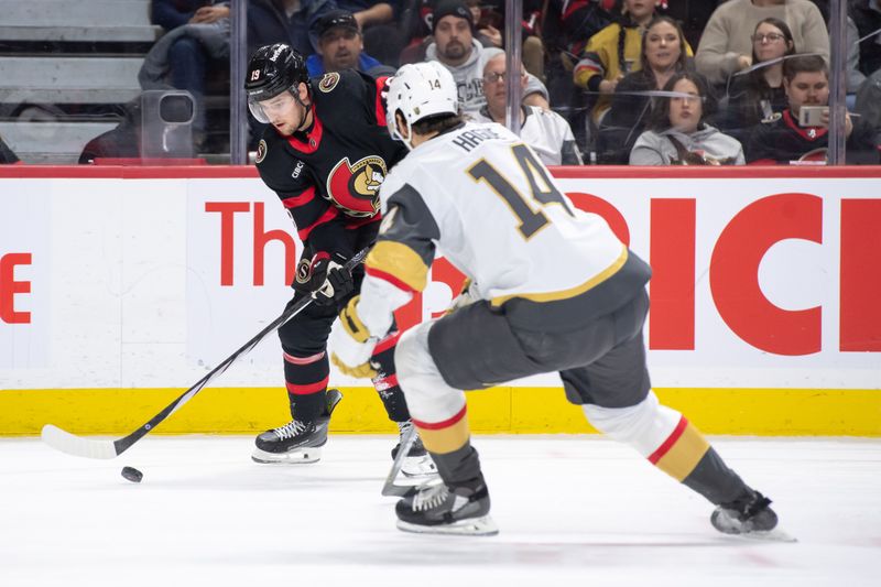 Feb 24, 2024; Ottawa, Ontario, CAN; Ottawa Senators right wing Drake Batherson (19) moves the puck past Vegas Golden Knights defenseman Nicholas Hague (14) in the first period at the Canadian Tire Centre. Mandatory Credit: Marc DesRosiers-USA TODAY Sports