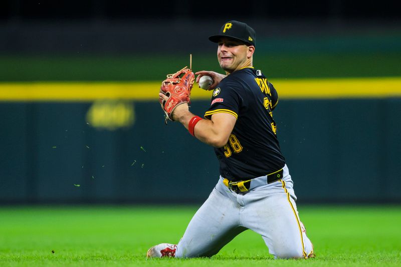 Sep 24, 2025; Cincinnati, Ohio, USA; Pittsburgh Pirates second baseman Nick Yorke (38) throws to first to get Cincinnati Reds outfielder TJ Friedl (not pictured) out in the eighth inning at Great American Ball Park. Mandatory Credit: Katie Stratman-Imagn Images