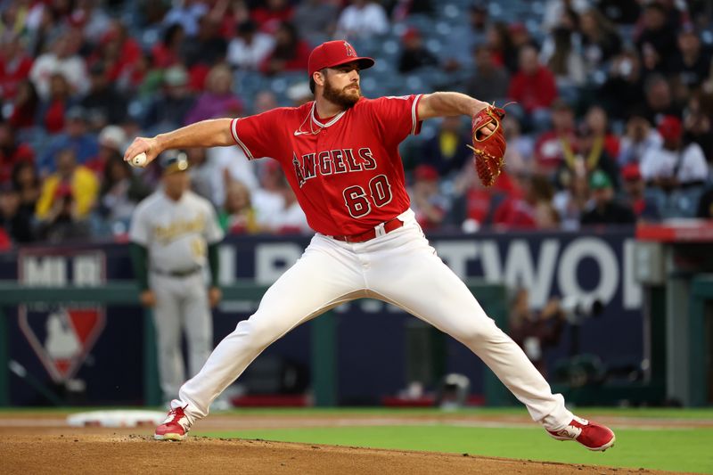 Sep 30, 2023; Anaheim, California, USA; Los Angeles Angels starting pitcher Andrew Wantz (60) pitches during the first inning against the Oakland Athletics at Angel Stadium. Mandatory Credit: Kiyoshi Mio-USA TODAY Sports