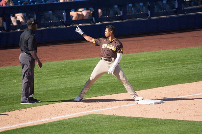 Mar 1, 2024; Phoenix, Arizona, USA;  San Diego Padres outfielder Cal Mitchell (30) reacts after a triple to score outfielder Zach Reks (95) (not shown) in the eighth during a spring training game against the Milwaukee Brewers at American Family Fields of Phoenix. Mandatory Credit: Allan Henry-USA TODAY Sports